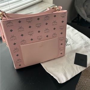 MCM Aren Vi Leather Mix Grey Monogram Powder Pink Hobo Shoulder Bag